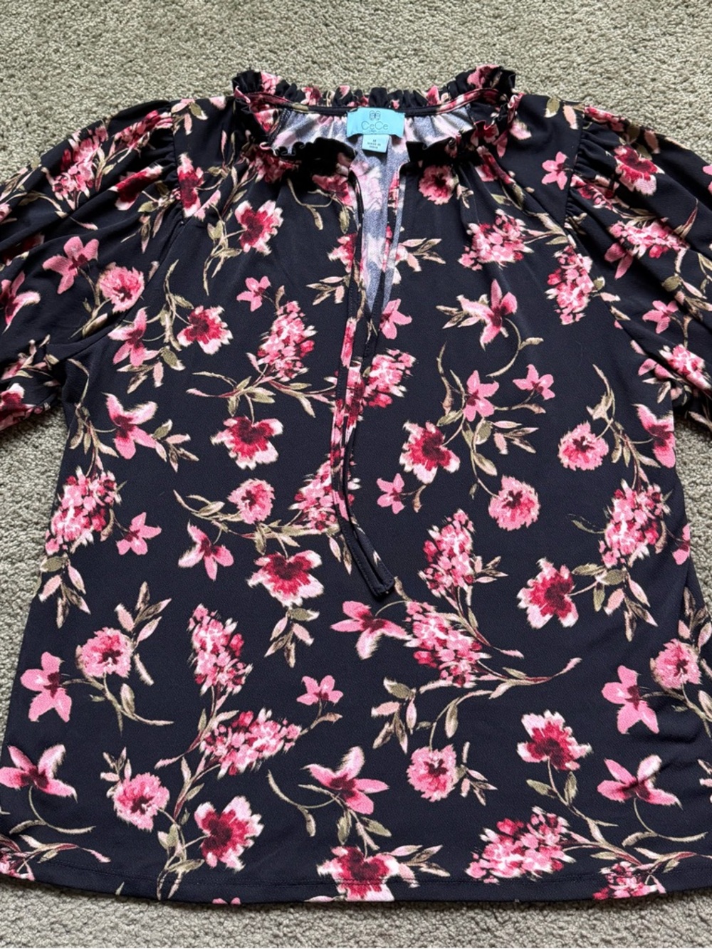 CeCe Black Floral Tie-Neck Blouse with Pink Blossoms Size Medium Short Sleeve